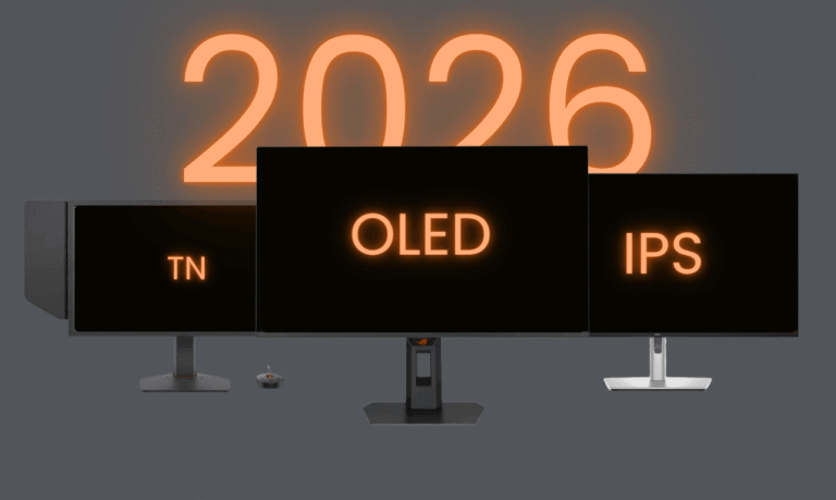 Grafika przedstawiająca 3 monitory jako tytuł artkułu o wyborze matryc w 2026 roku