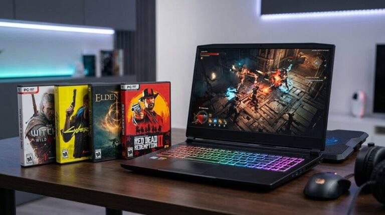 Grafika przedstawia laptopa na biurku a a obok leżą pudełka od gier