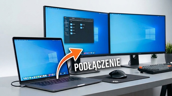 Grafika przedstawia dwa monitory oraz laptopa z podłączeniem do nich.