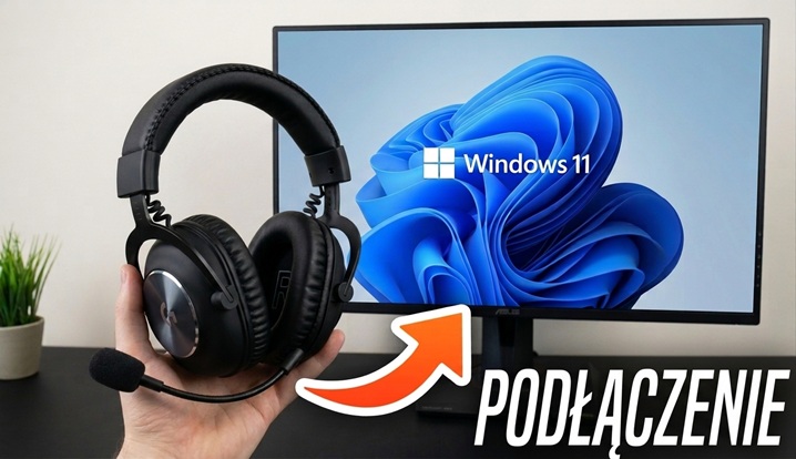 Grafika przedstawia słuchawki i komputer z windows 11