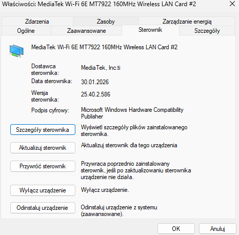Karta sieciowa Wi-Fi widoczna w ustawieniach systemu Windows 11