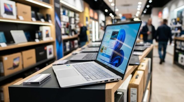 Grafika przedstawia laptopa na półce sklepowej