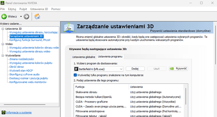 Ustawienia 3D w Panelu sterowania NVIDIA
