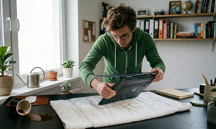 Zalany laptop ułożony klawiaturą w dół na ręczniku