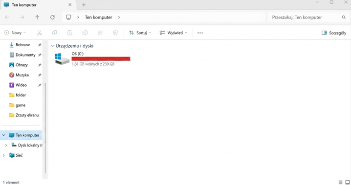 Prawie całkowicie zapełniony dysk w Windows 11
