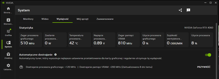 Automatyczne strojenie karty graficznej w NVIDIA App