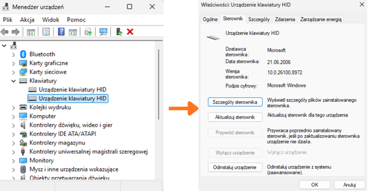 Klawiatura widoczna w Menedżerze urządzeń systemu Windows 11