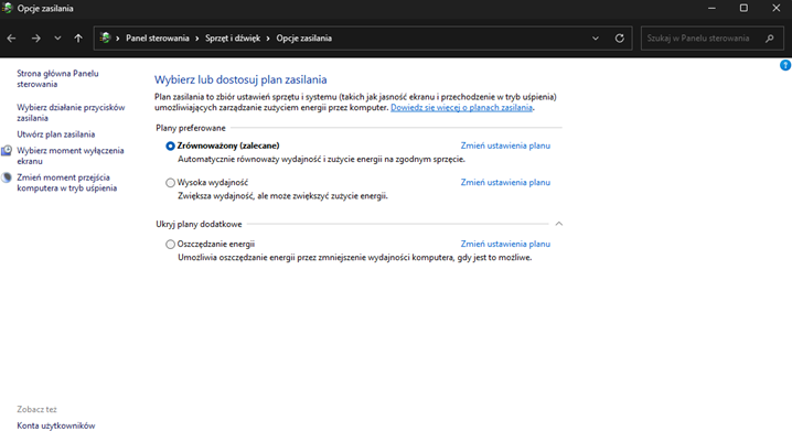 Ustawienia trybu zasilania w systemie Windows 11