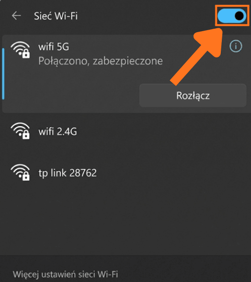 Włączone Wi-Fi w ustawieniach systemu Windows 11