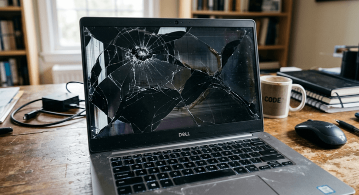 Grafika przedstawia zepsutego laptopa